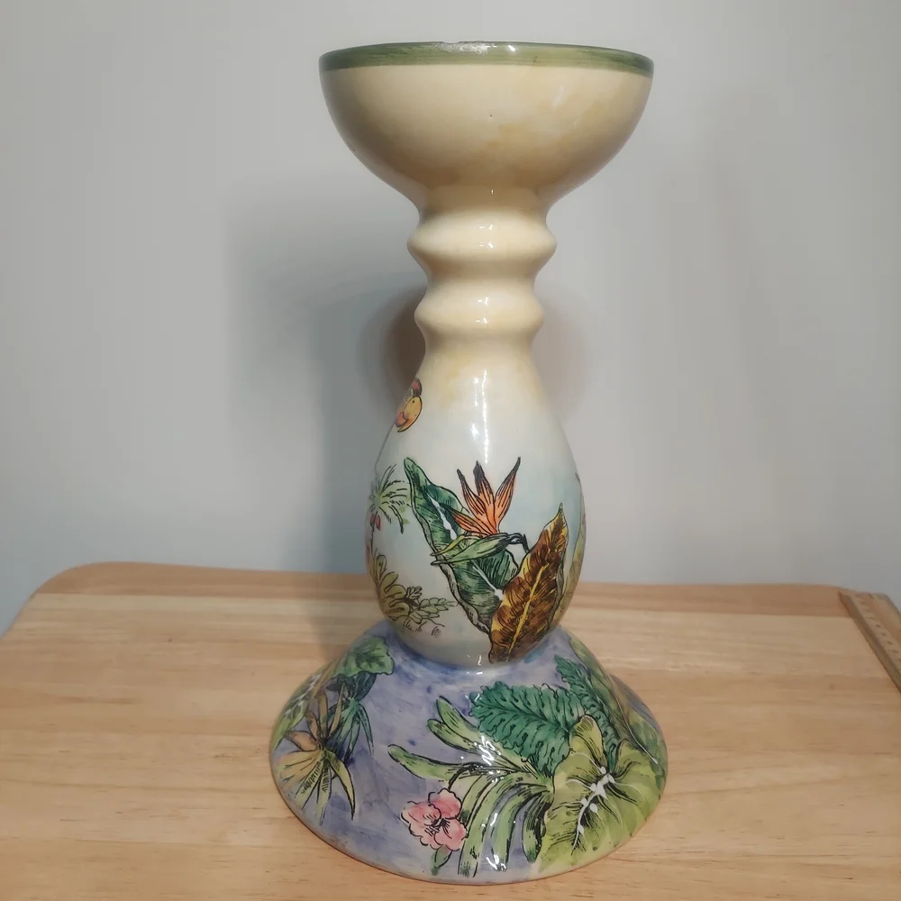 Vintage Hand-painted Large Ceramic Tropical Parrot Candle Holder